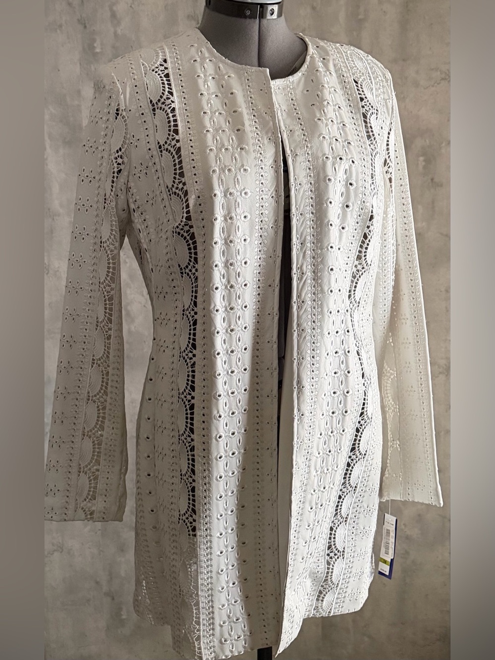 Peter Nygard HighSociety White Eyelet Duster Jacket NWT Sz 14 Open Front Floral
